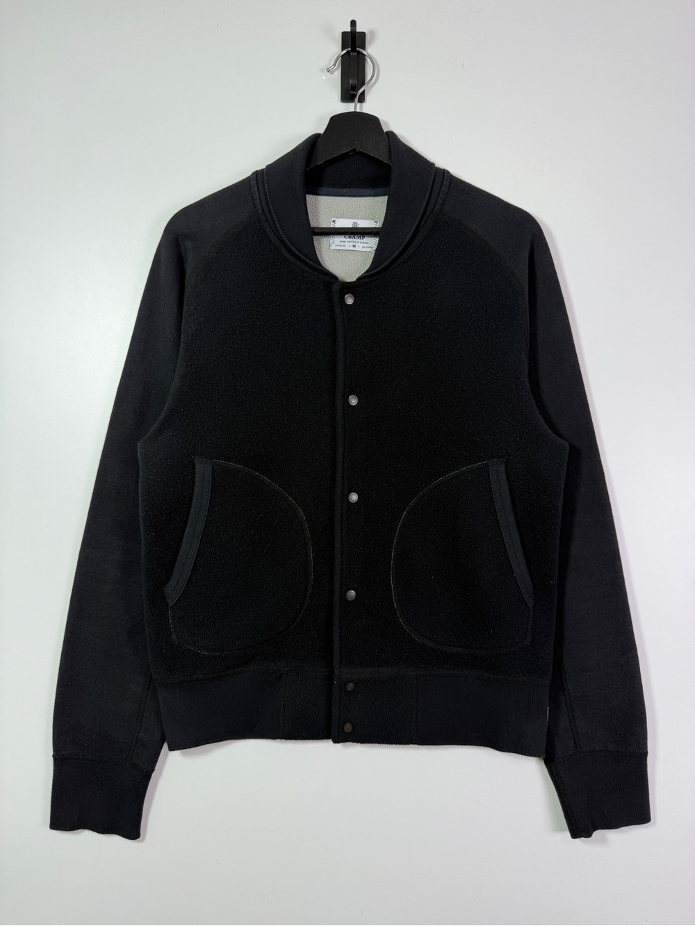 Reigning Champ Shawl Collar Fleece Varsity Buttonup Jacket Black Gray Medium